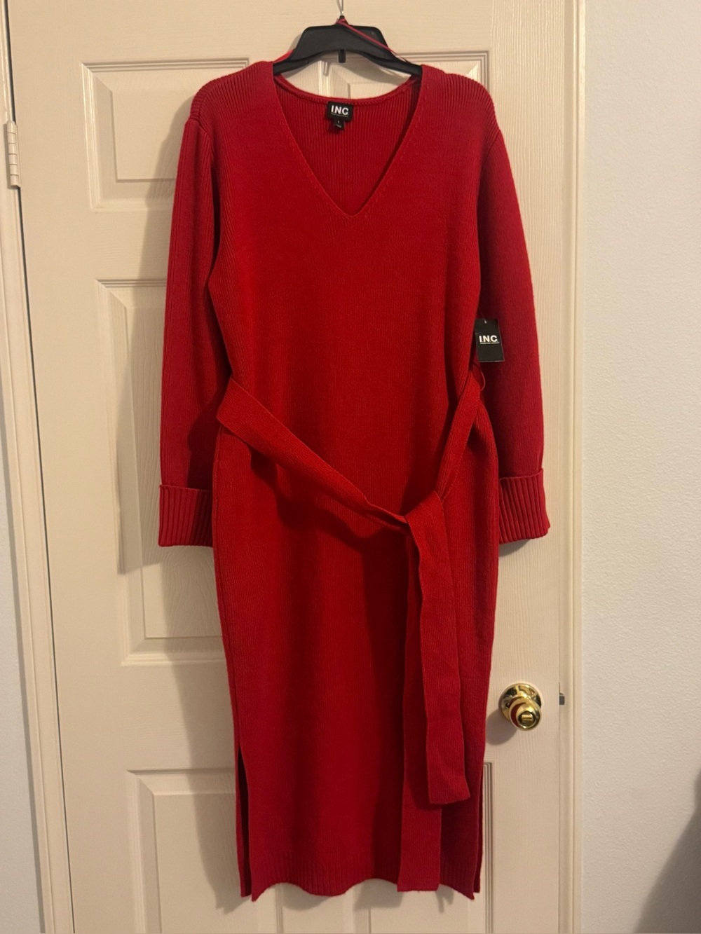 INC International Concepts Red V-Neck Belted Knit Midi Dress
